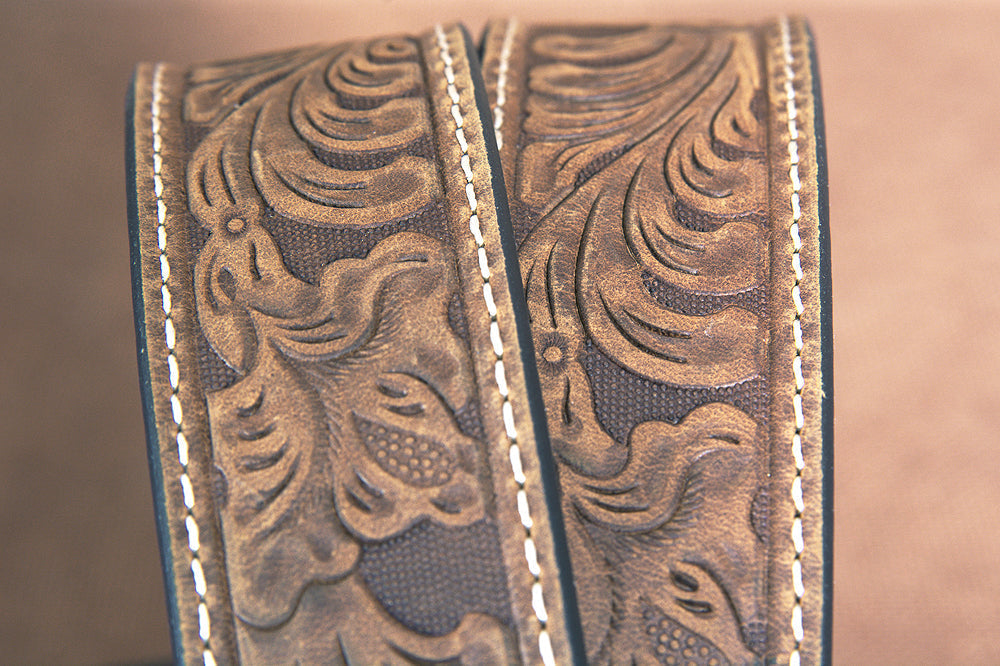 Nocona Leather Mens Belt Embossed Floral Tooled Engraved Buckle