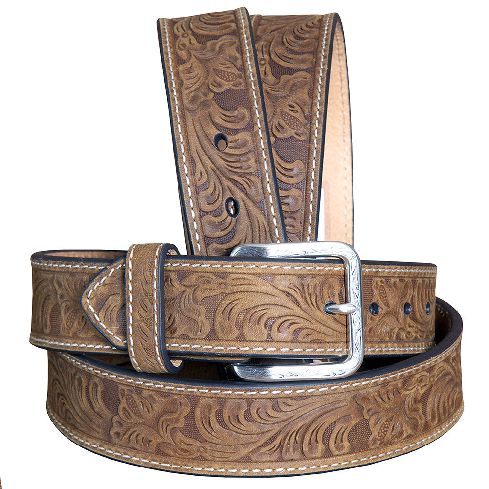Nocona Leather Mens Belt Embossed Floral Tooled Engraved Buckle