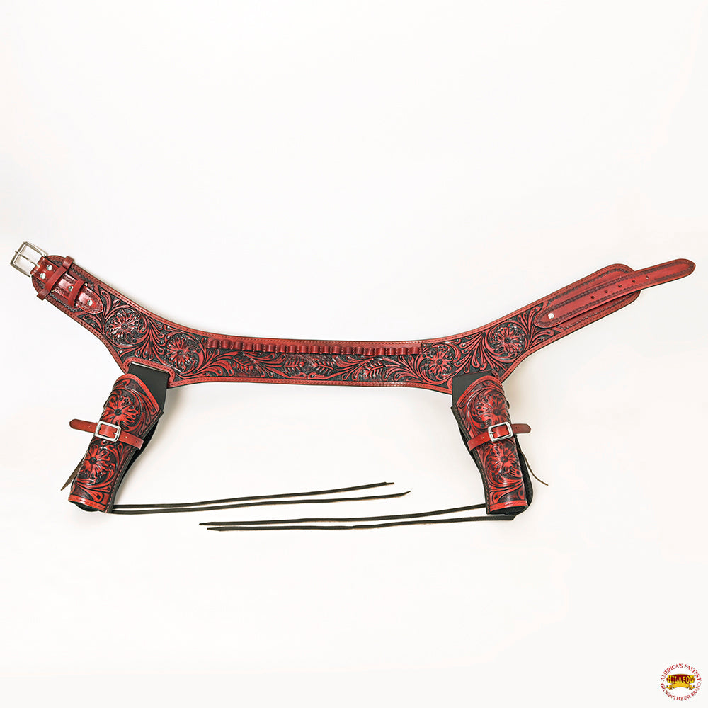 HILASON Double Caliber 44/45 Leather Cowboy Gun Rig Holster Mahogany | Costume Belt