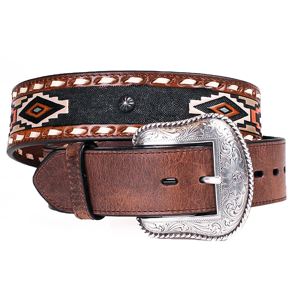 44" Roper Mens Leather Tribal Inspired 1.5" Wide Belt Aztec Whipstich Brown