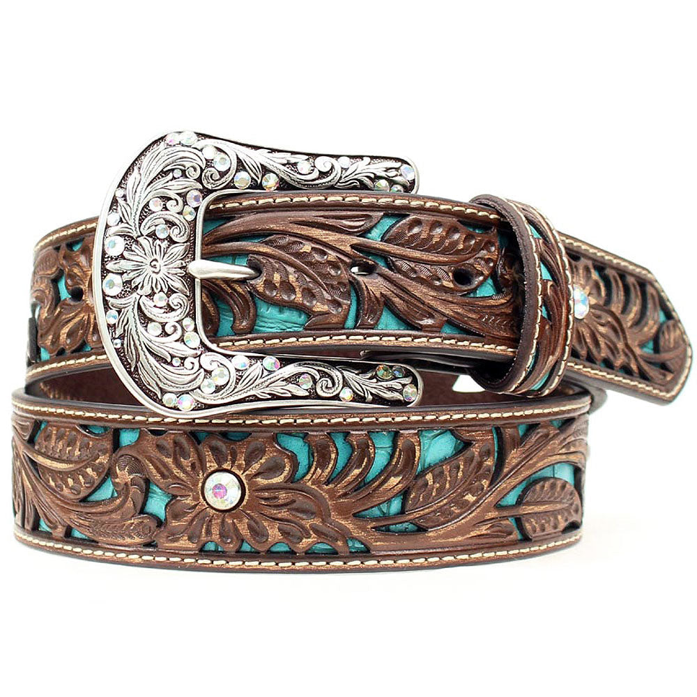 Ariat Ladies Turquoise Leather Belt Strap with Silver Buckle - Brown