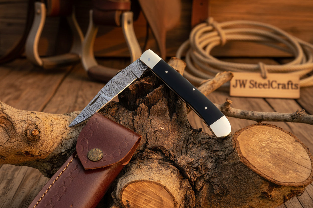Executive Slipjoint Damascus Folder with Black Resin Handle