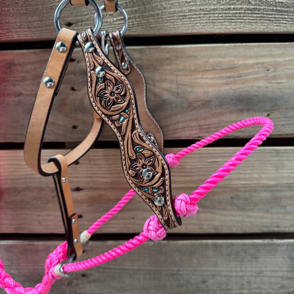 Hot Pink Floral Tooled Lariat & Leather Combo Halter — view 2