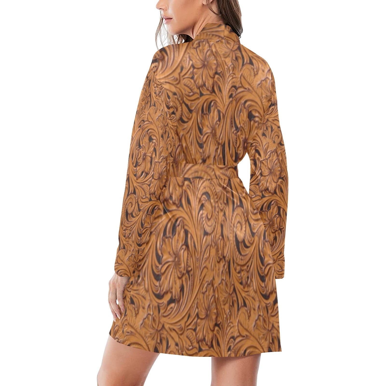 Baha Ranch Tooled Leather Print Bronc Women's Long Sleeve Belted Satin Feel Dressing Lounge Robe by Baha Ranch Western...