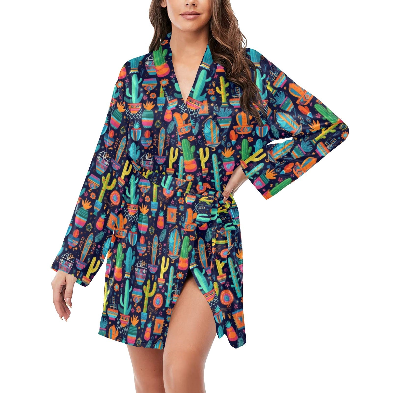 Baha Ranch Crazy Cactus Lady Women's Long Sleeve Belted Satin Feel Dressing Lounge Robe by Baha Ranch Western Wear