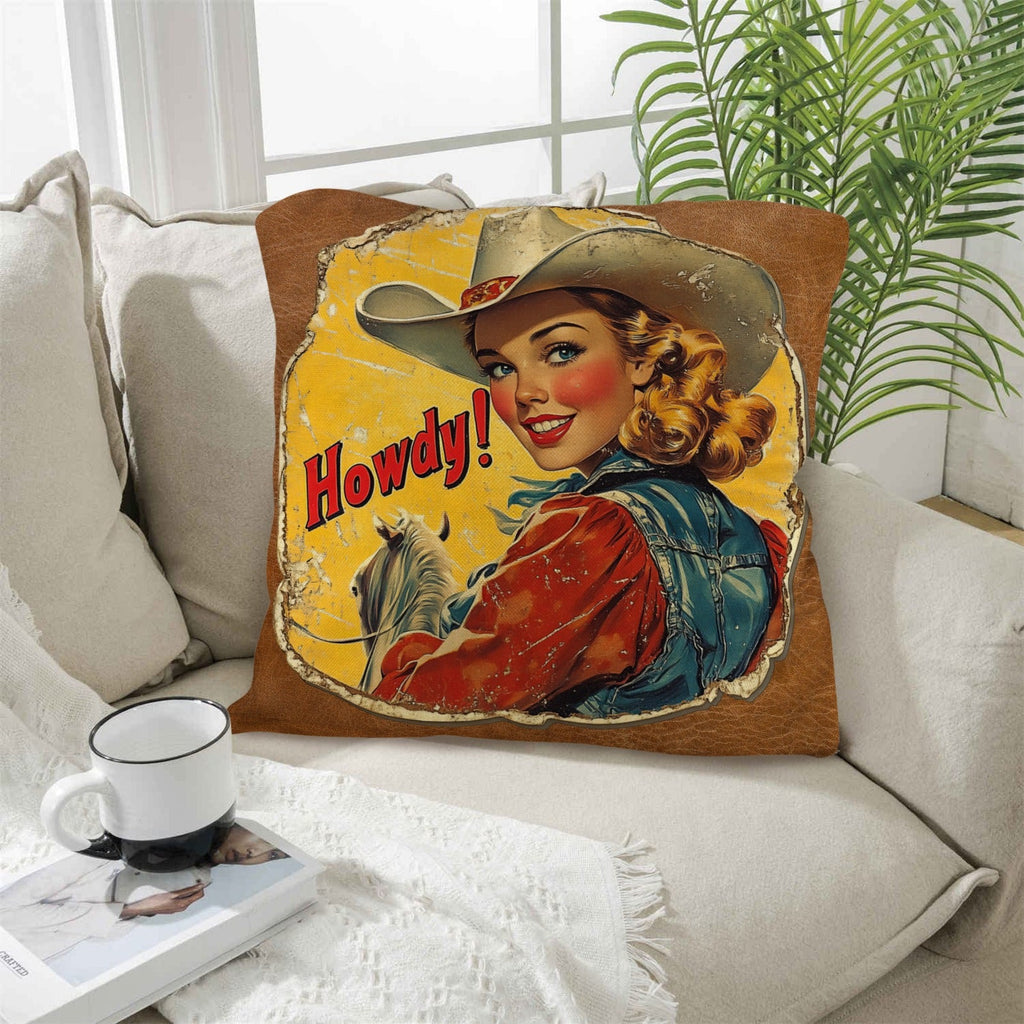 Baha Ranch Vintage Cowgirl Howdy Throw Pillow 18 x 18 Made in America by Baha Ranch Western Wear