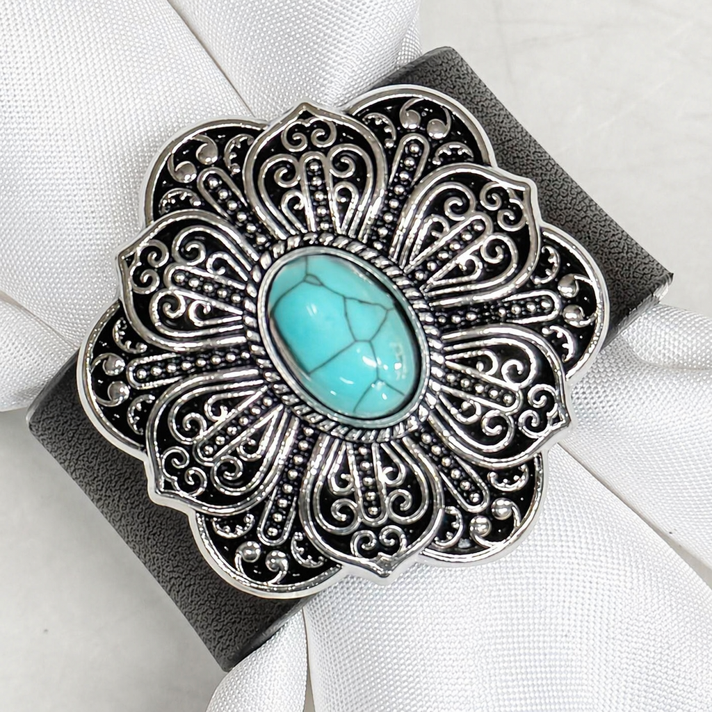Antique Silver Filigree Floral Turquoise Western Concho Napkin Ring #CNR107 — view 2