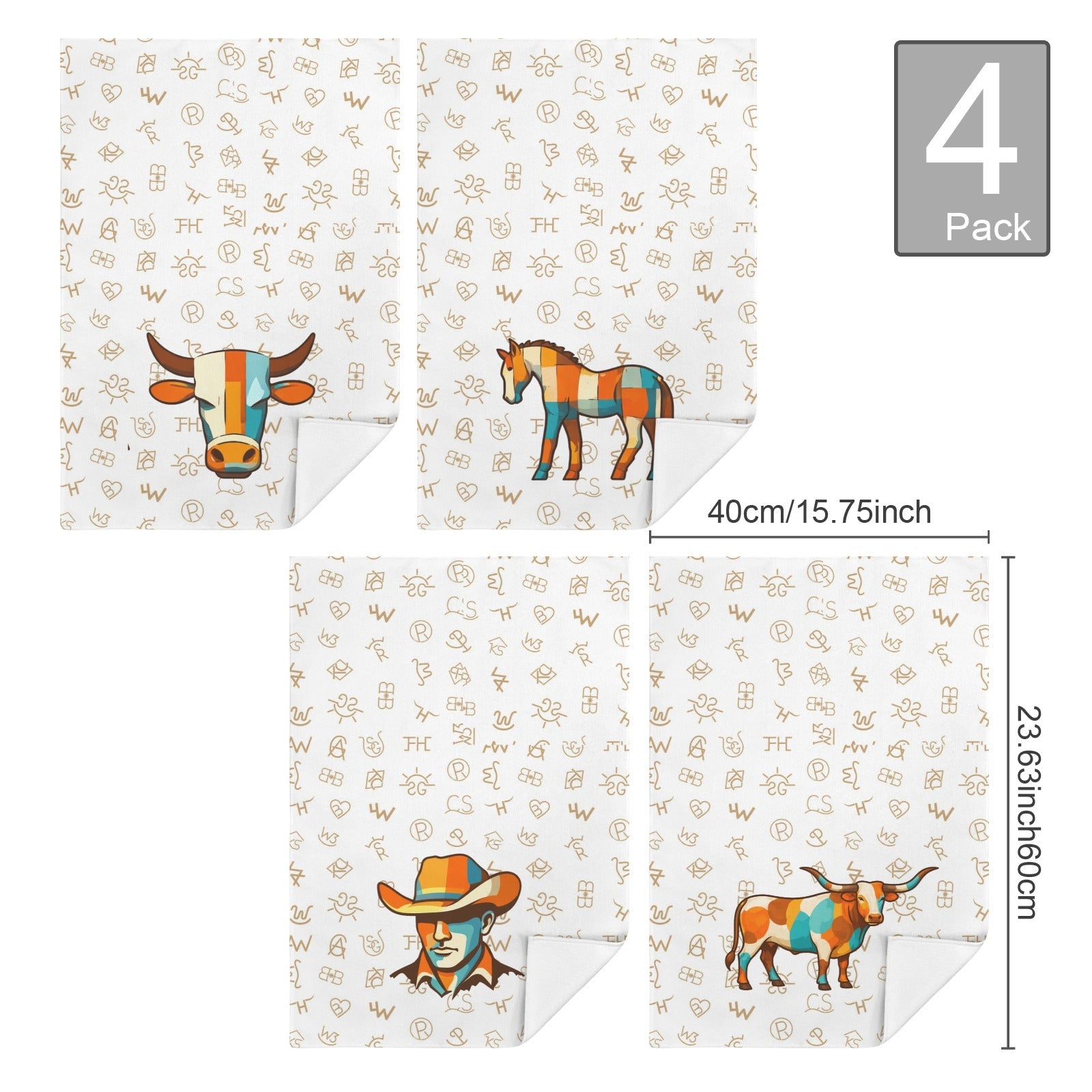 Baha Ranch Set of 4 Minimalistic Cowboy Western Cattle Brands Kitchen Towels Made in America by Baha Ranch Western Wear -...