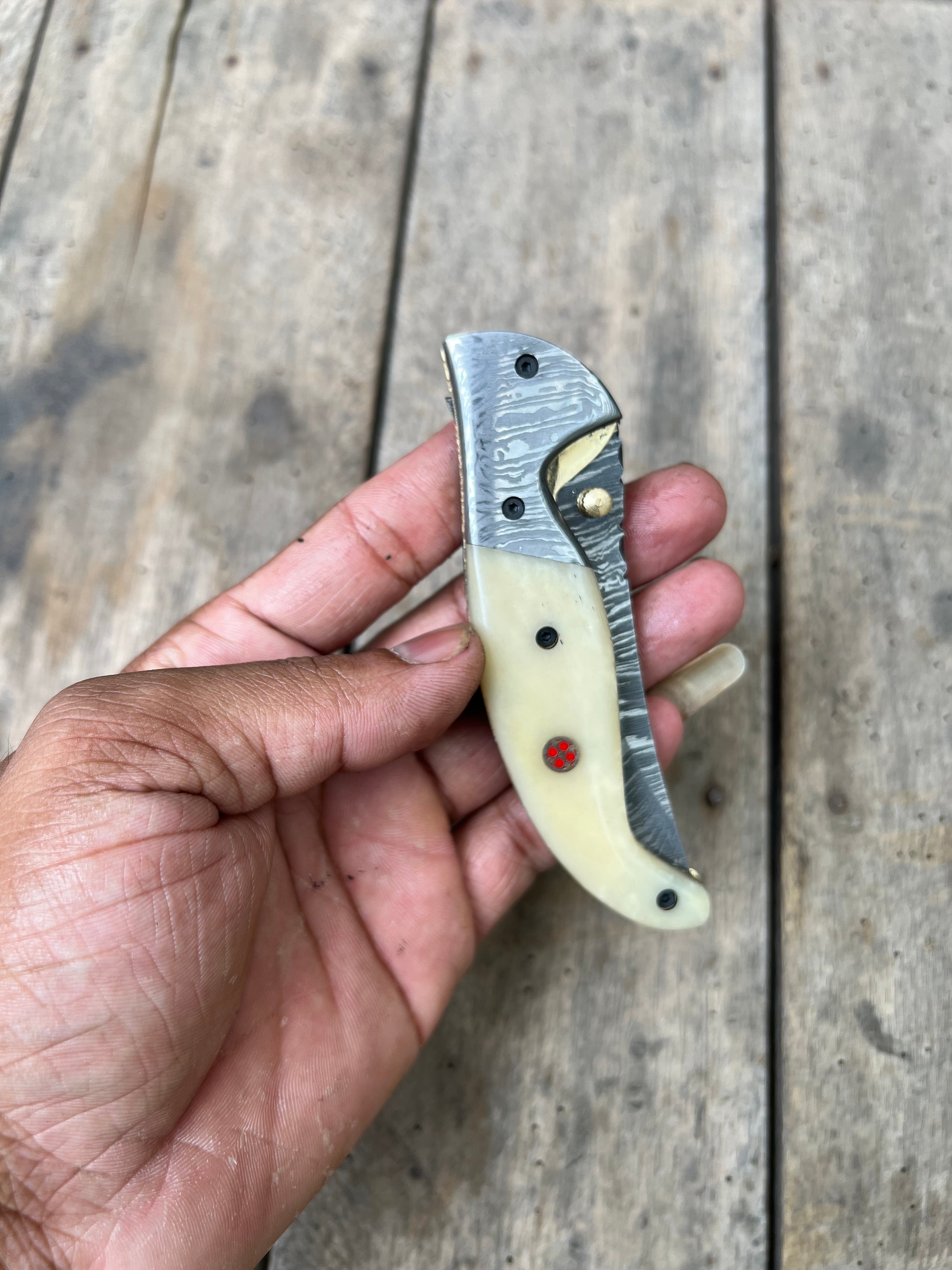 Frontrunner Camel Bone folding knife with Leather Sheath