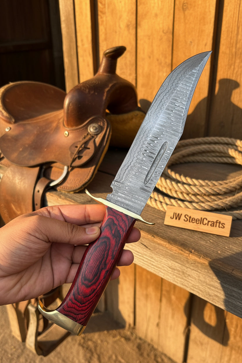 Handmade Damascus Clip Point Bowie Utility Knife Fixed Blade Pakka Wood Handle with Guard