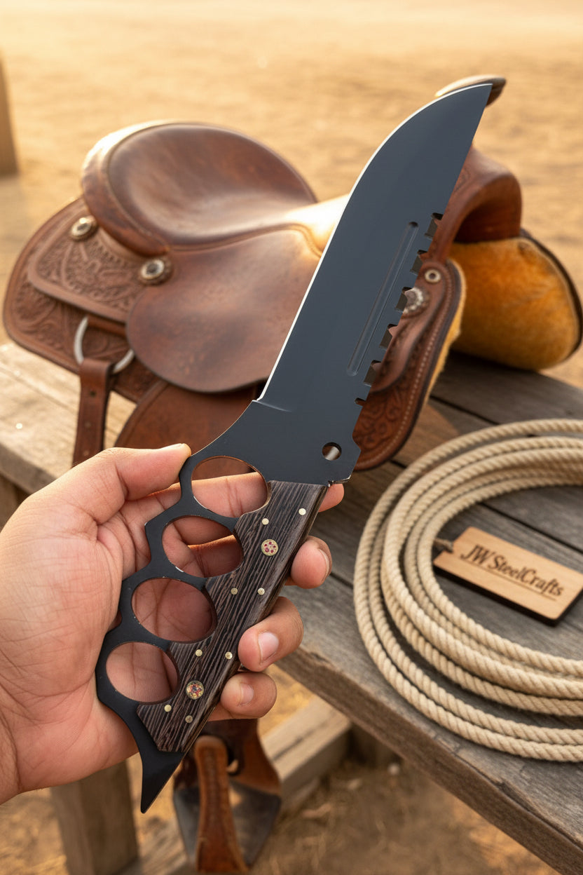 Knuckle Handle Tactical Knife Acid Etched Drop Point Fixed Blade