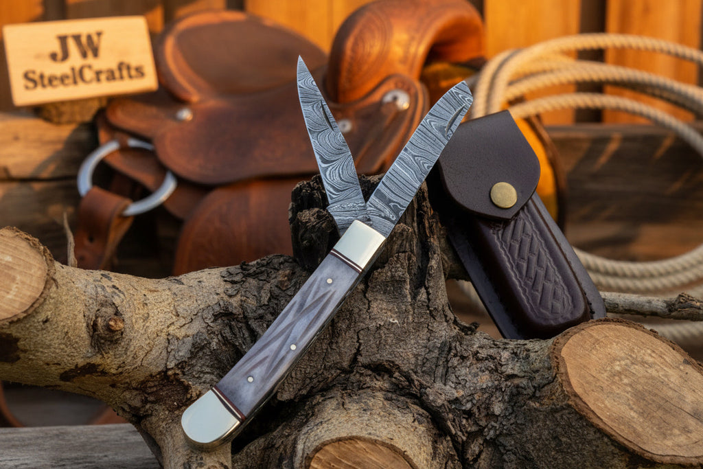 Damascus Steel Trapper Knife 4" with Bone Handle, Folding Pocket Knife