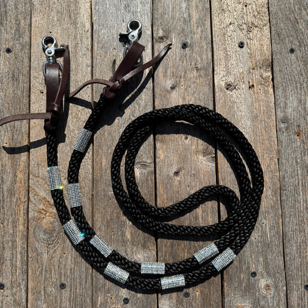 Black Nylon Barrel Racing Reins with Rhinestones #BNR110