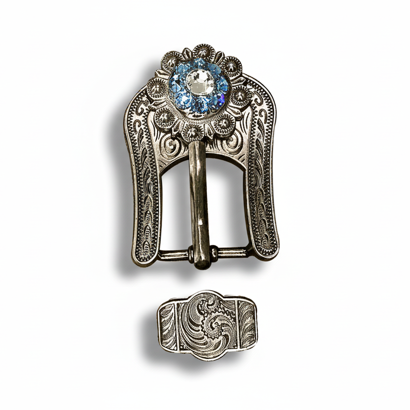 Antique Silver Aqua - Clear Crystal Conchos | Sizes 1"- 3" | Buckles | Saddle Set | Leather Rosettes | Slide — view 7