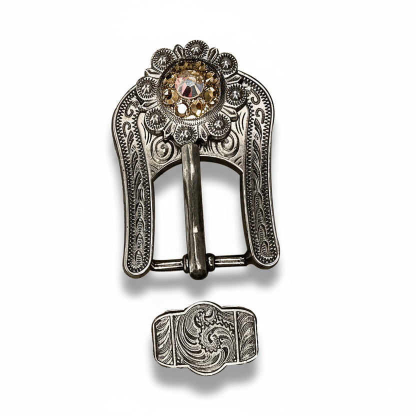 Antique Silver Champagne - AB Crystal Conchos | Sizes 1"- 3" | Buckles | Saddle Set | Leather Rosettes | Slide — view 7