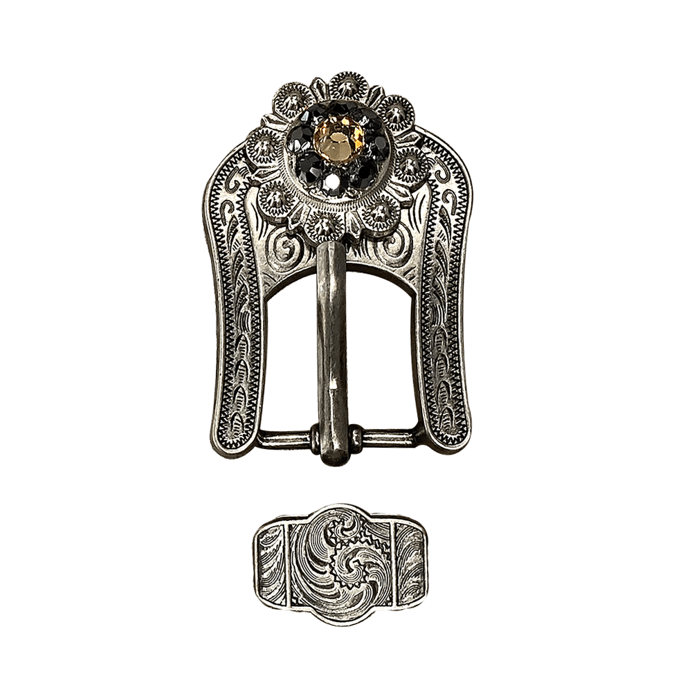 Champagne & Jet Antique Silver European Crystal Buckle Keeper Set