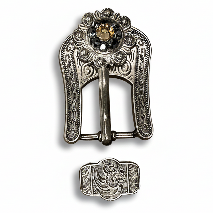 Antique Silver Champagne - Jet Crystal Conchos | Sizes 1"- 3" | Buckles | Saddle Set | Leather Rosettes | Slide — view 7