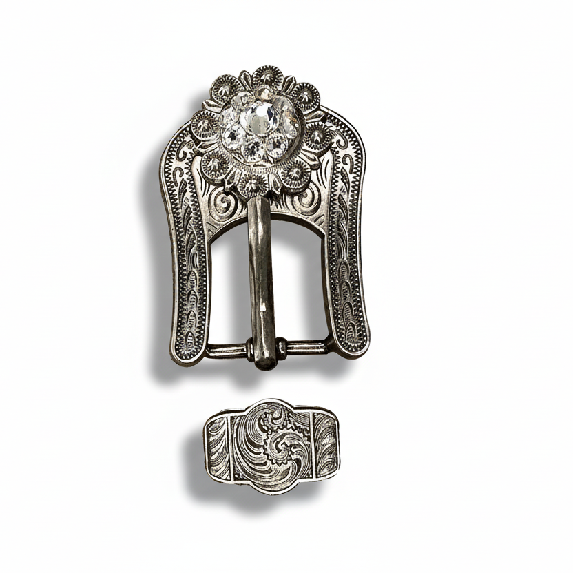 Antique Silver Clear Crystal Conchos | Sizes 1"- 3" | Buckles | Saddle Set | Leather Rosettes | Slide — view 7