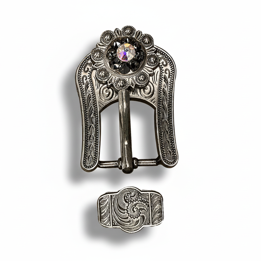 Antique Silver Jet - AB Crystal Conchos | Sizes 1"- 3" | Buckles | Saddle Set | Leather Rosettes | Slide — view 7