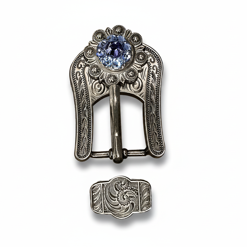 Antique Silver Light Sapphire - Clear - Lilac Crystal Conchos | Sizes 1"- 3" | Buckles | Saddle Set | Leather Rosettes