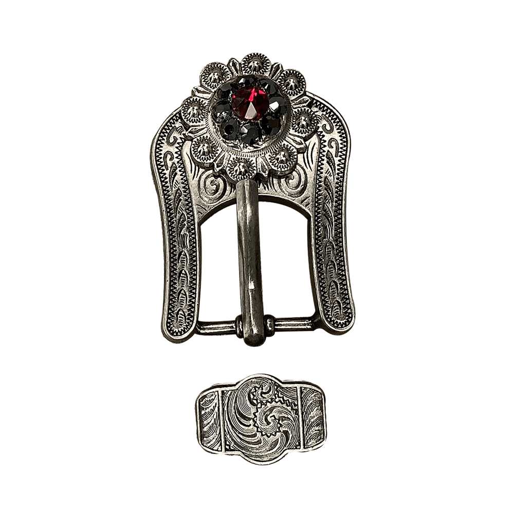Ruby & Jet Antique Silver European Crystal Buckle Keeper Set