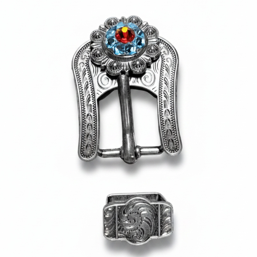 Antique Silver Tie Dye Crystal Conchos | Sizes 1"- 3" | Buckles | Saddle Set | Leather Rosettes | Slide — view 7
