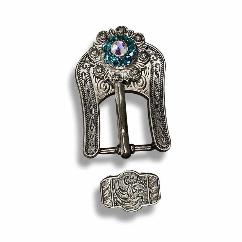 Antique Silver Teal - AB Crystal Conchos | Sizes 1"- 3" | Buckles | Saddle Set | Leather Rosettes | Slide — view 7