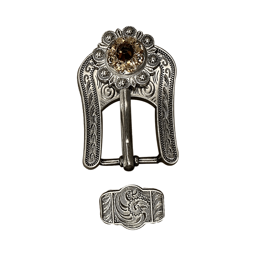 Topaz & Champagne Antique Silver European Crystal Buckle Keeper Set
