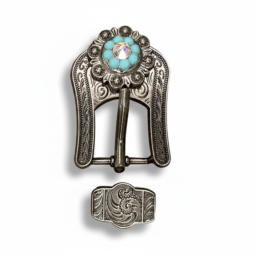 Antique Silver Turquoise - AB Crystal Conchos | Sizes 1"- 3" | Buckles | Saddle Set | Leather Rosettes | Slide — view 7