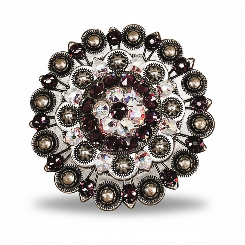 Antique Silver Amethyst - AB Crystal Conchos | Sizes 1"- 3" | Buckles | Saddle Set | Leather Rosettes | Slide — view 6