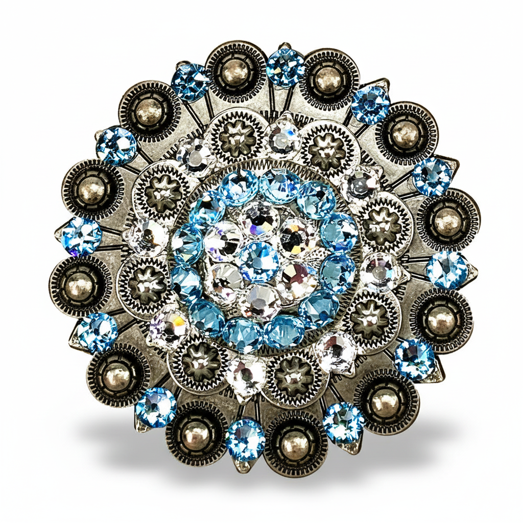 Antique Silver Aqua - Clear Crystal Conchos | Sizes 1"- 3" | Buckles | Saddle Set | Leather Rosettes | Slide — view 6