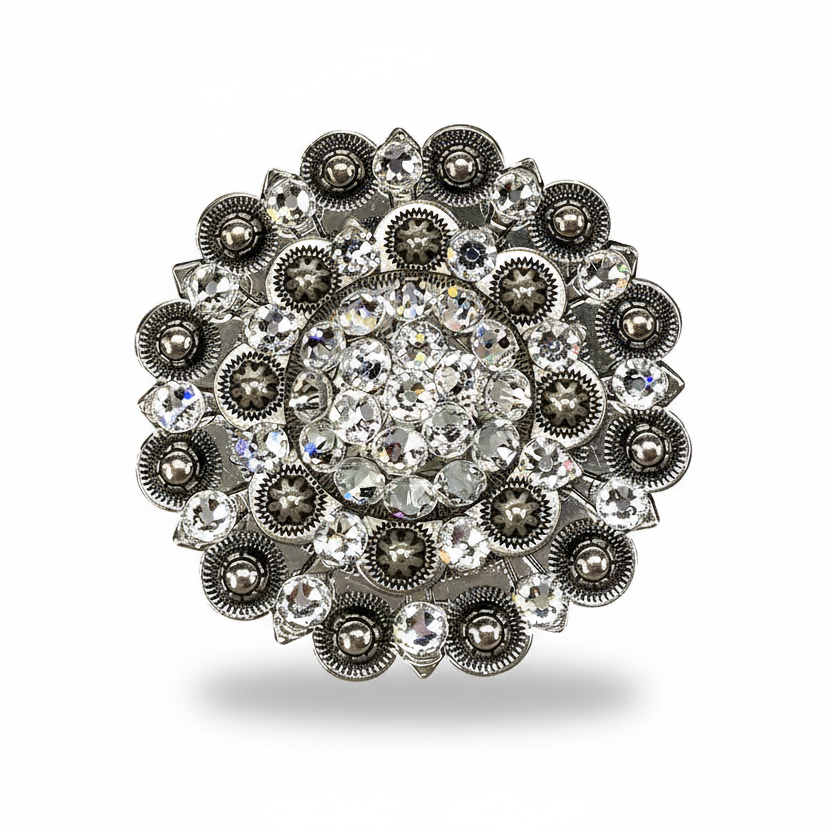 Antique Silver Clear Crystal Conchos | Sizes 1"- 3" | Buckles | Saddle Set | Leather Rosettes | Slide — view 6