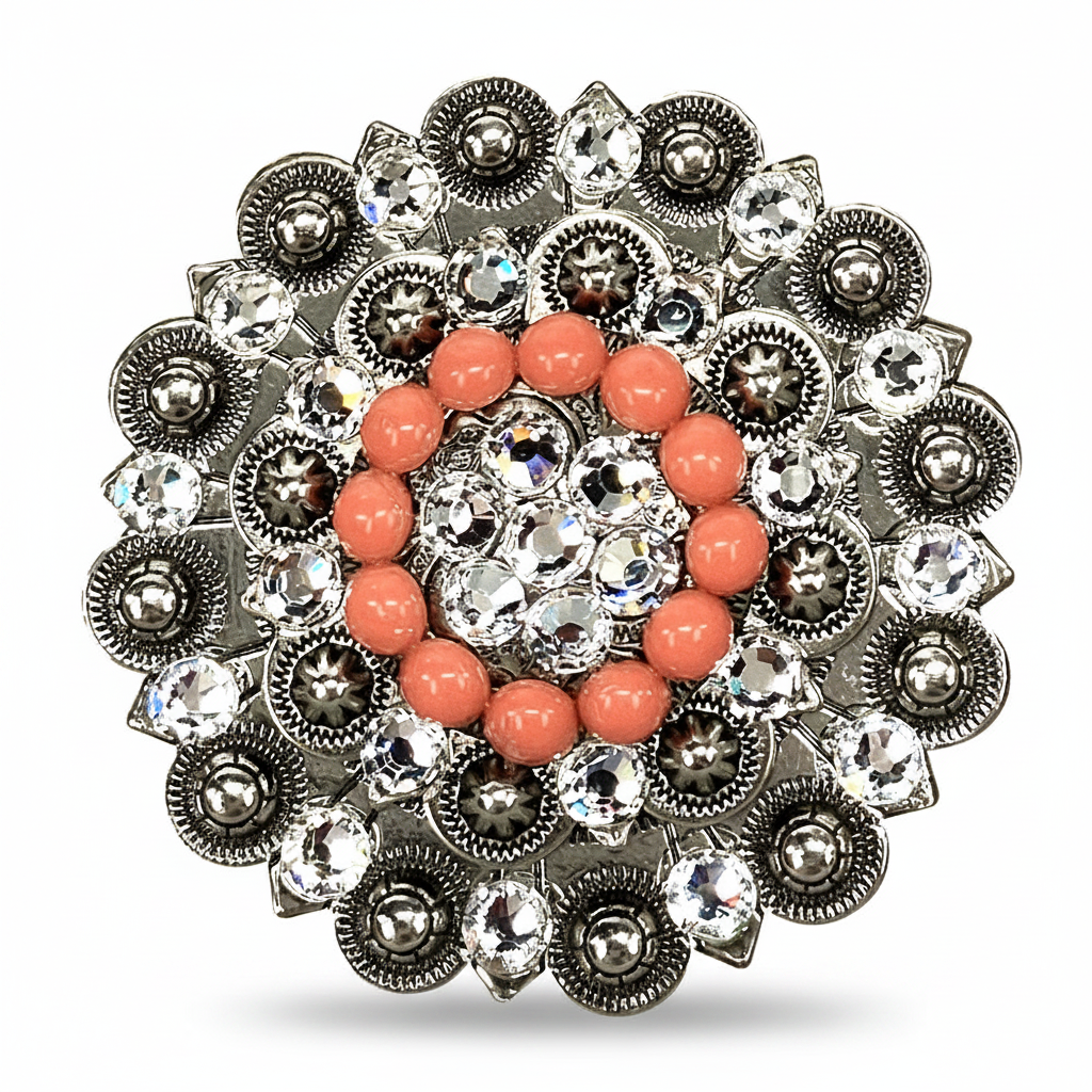 Antique Silver Coral - Clear Crystal Conchos | Sizes 1"- 3" | Buckles | Saddle Set | Leather Rosettes | Slide — view 6