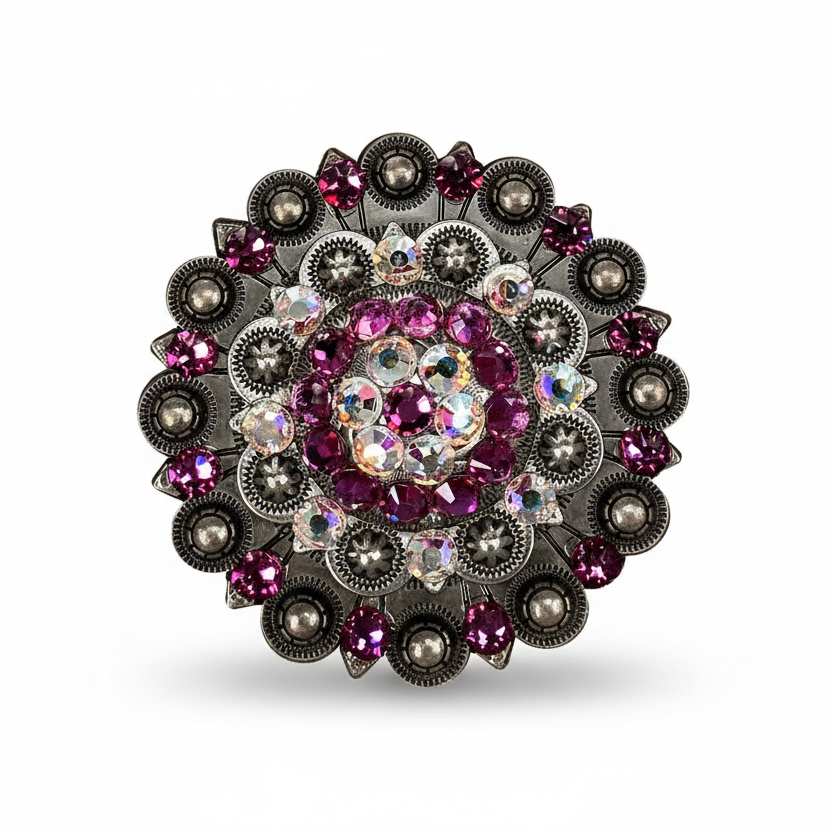 Antique Silver Fuchsia - AB Crystal Conchos | Sizes 1"- 3" | Buckles | Saddle Set | Leather Rosettes | Slide — view 6