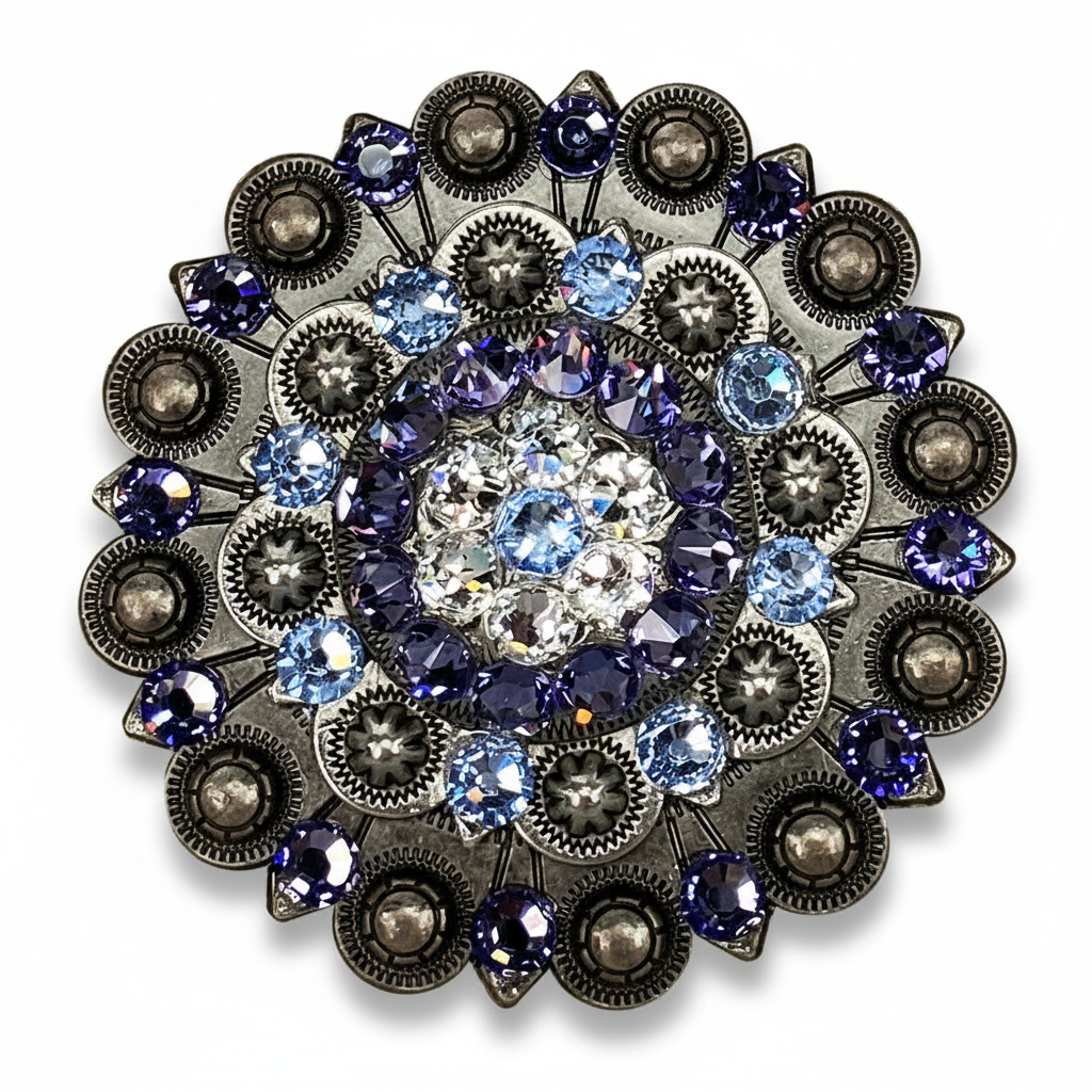 Antique Silver Light Sapphire - Clear - Lilac Crystal Conchos | Sizes 1"- 3" | Buckles | Saddle Set | Leather Rosettes