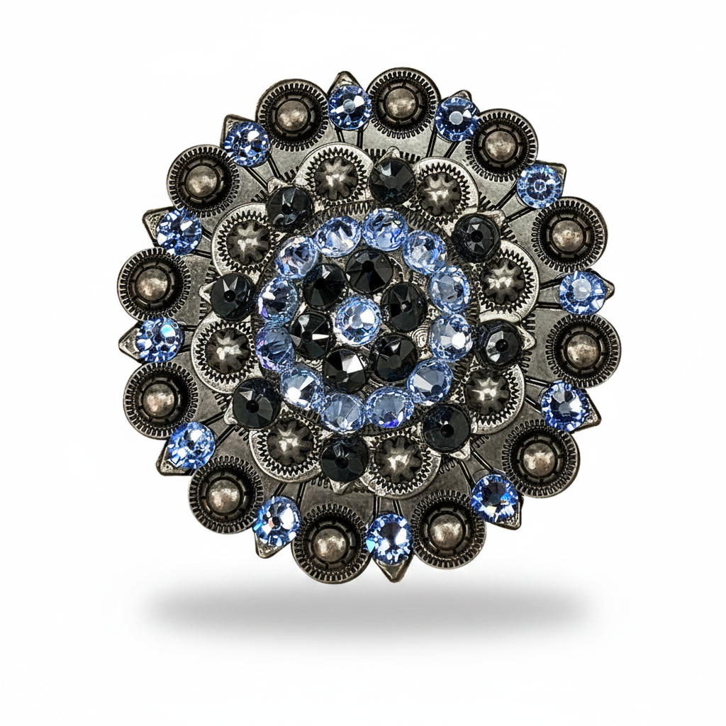 Antique Silver Light Sapphire - Jet Crystal Conchos | Sizes 1"- 3" | Buckles | Saddle Set | Leather Rosettes | Slide — view 6