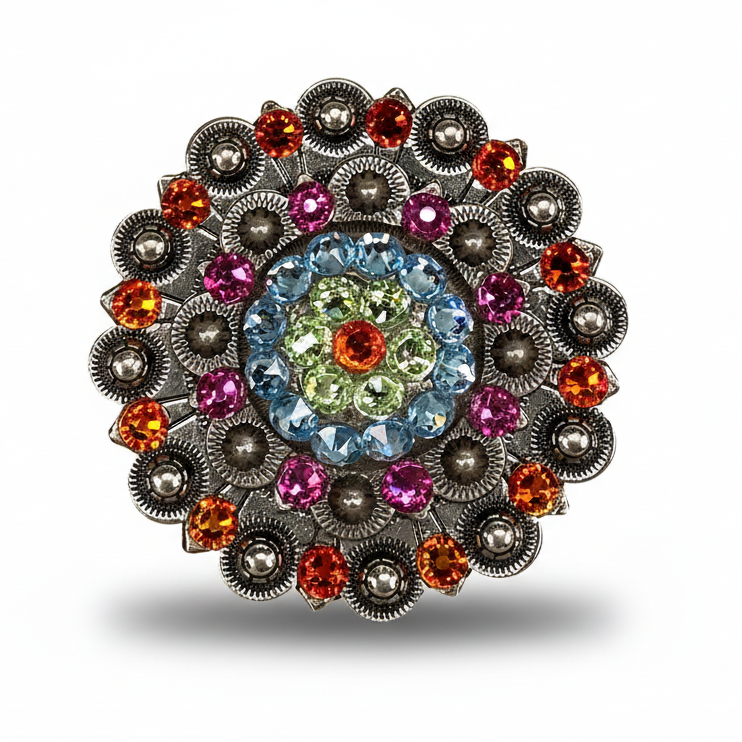 Antique Silver Tie Dye Crystal Conchos | Sizes 1"- 3" | Buckles | Saddle Set | Leather Rosettes | Slide — view 6