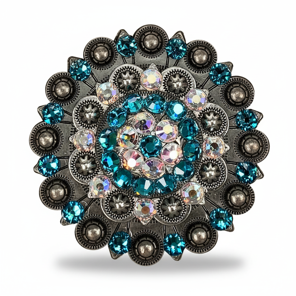 Antique Silver Teal - AB Crystal Conchos | Sizes 1"- 3" | Buckles | Saddle Set | Leather Rosettes | Slide — view 6