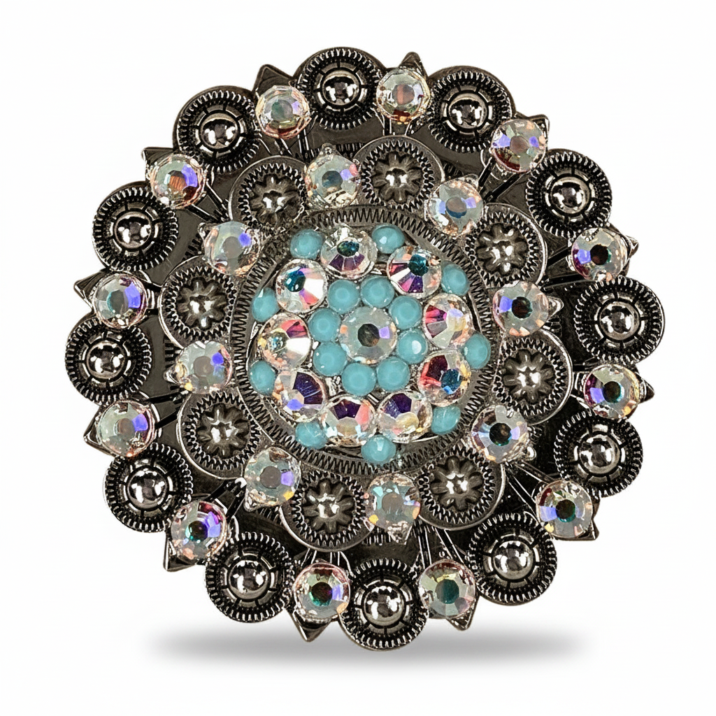 Antique Silver Turquoise - AB Crystal Conchos | Sizes 1"- 3" | Buckles | Saddle Set | Leather Rosettes | Slide — view 6