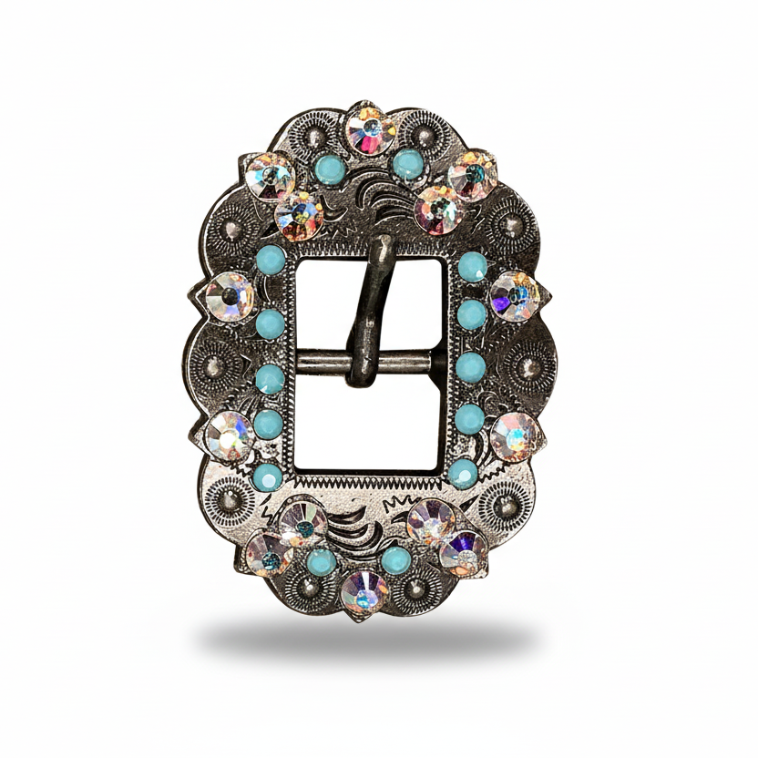 Antique Silver Turquoise - AB Crystal Conchos | Sizes 1"- 3" | Buckles | Saddle Set | Leather Rosettes | Slide — view 10