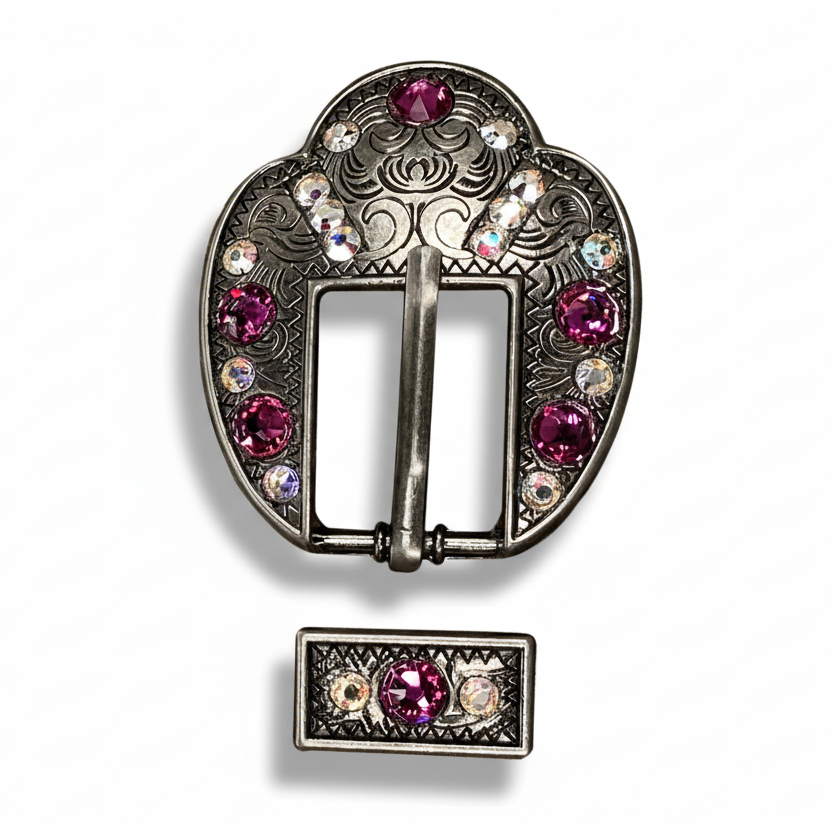Antique Silver Fuchsia - AB Crystal Conchos | Sizes 1"- 3" | Buckles | Saddle Set | Leather Rosettes | Slide — view 9