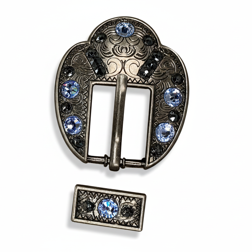Antique Silver Light Sapphire - Jet Crystal Conchos | Sizes 1"- 3" | Buckles | Saddle Set | Leather Rosettes | Slide — view 9