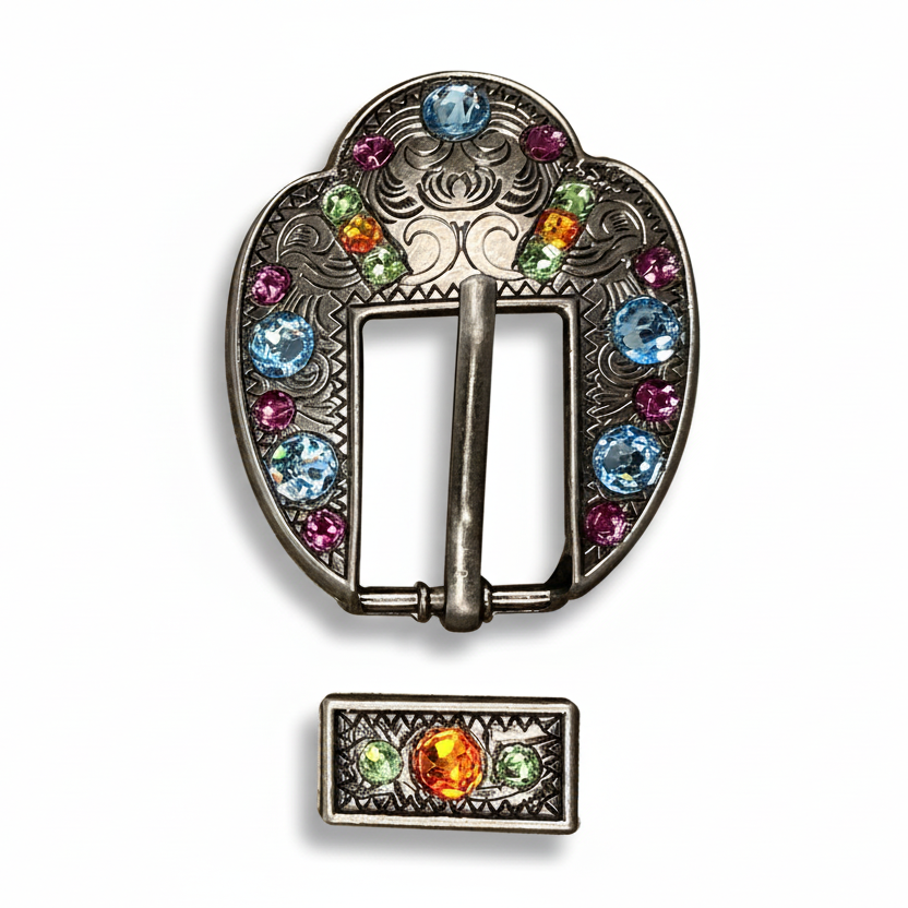 Antique Silver Tie Dye Crystal Conchos | Sizes 1"- 3" | Buckles | Saddle Set | Leather Rosettes | Slide — view 9
