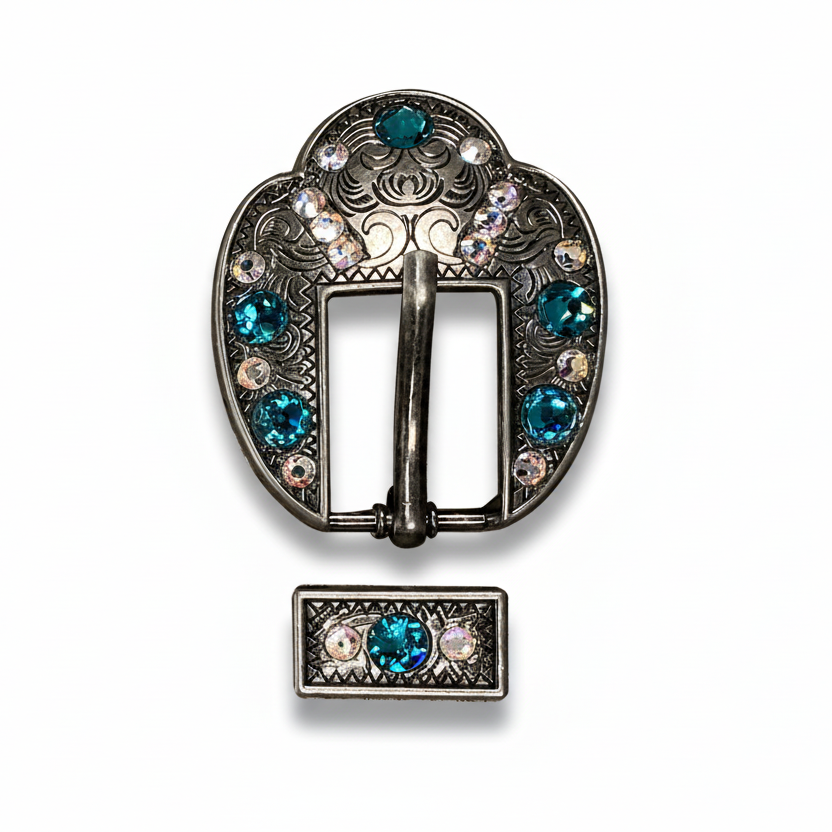 Antique Silver Teal - AB Crystal Conchos | Sizes 1"- 3" | Buckles | Saddle Set | Leather Rosettes | Slide — view 9