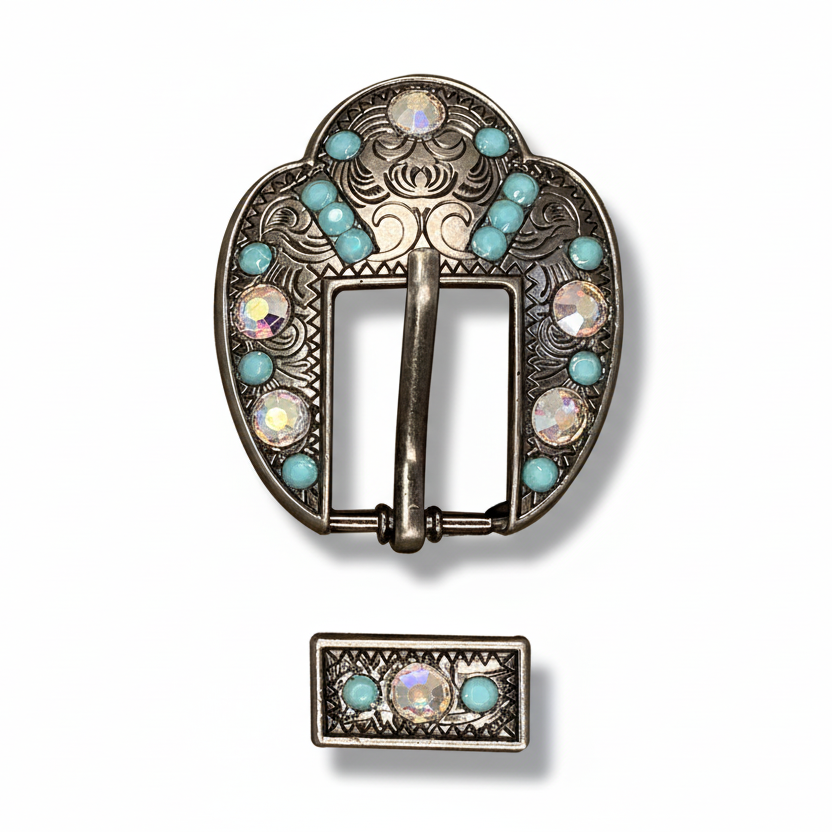 Antique Silver Turquoise - AB Crystal Conchos | Sizes 1"- 3" | Buckles | Saddle Set | Leather Rosettes | Slide — view 9