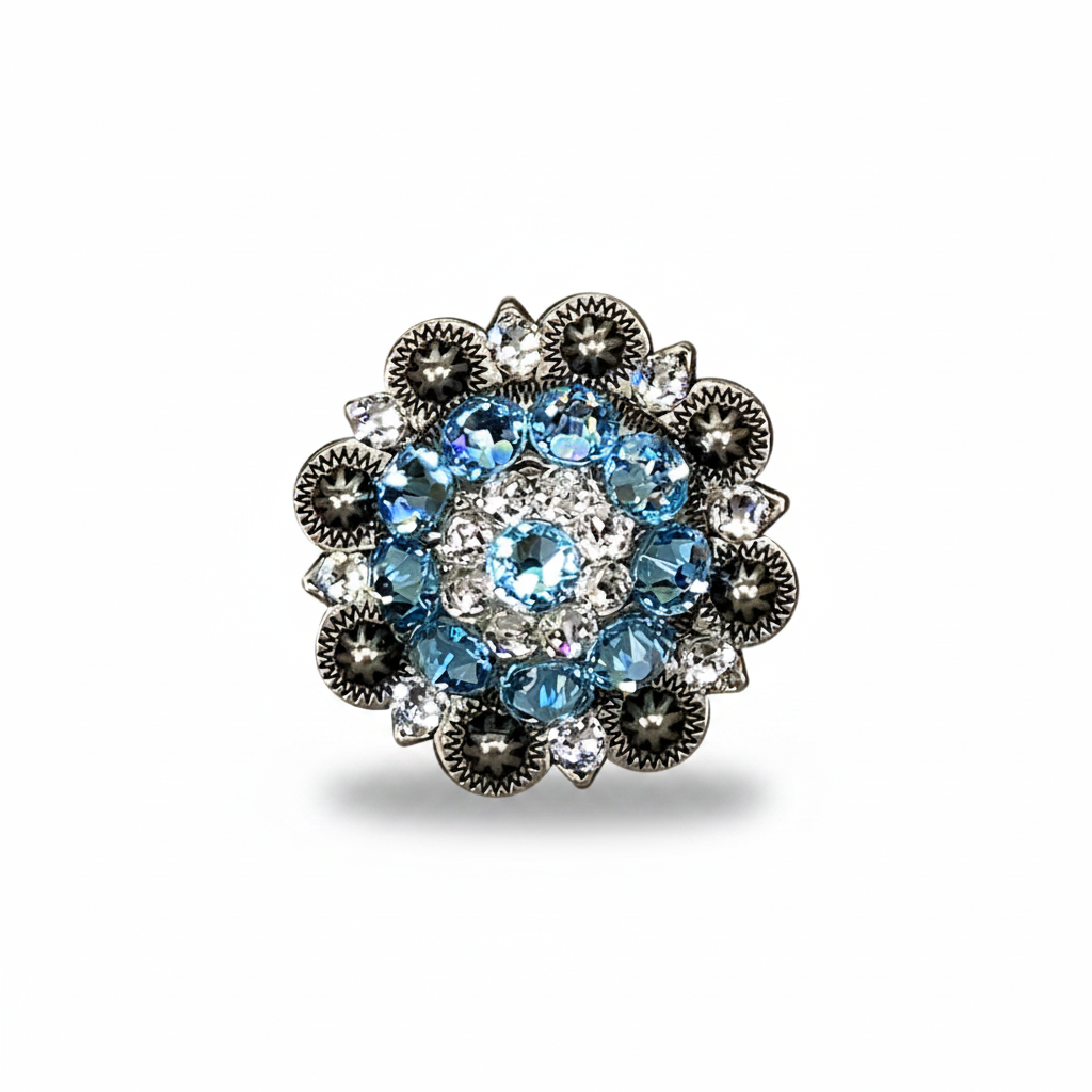Antique Silver Aqua - Clear Crystal Conchos | Sizes 1"- 3" | Buckles | Saddle Set | Leather Rosettes | Slide — view 2