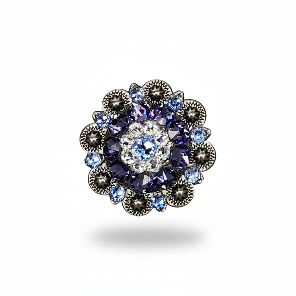 Antique Silver Light Sapphire - Clear - Lilac Crystal Conchos | Sizes 1"- 3" | Buckles | Saddle Set | Leather Rosettes