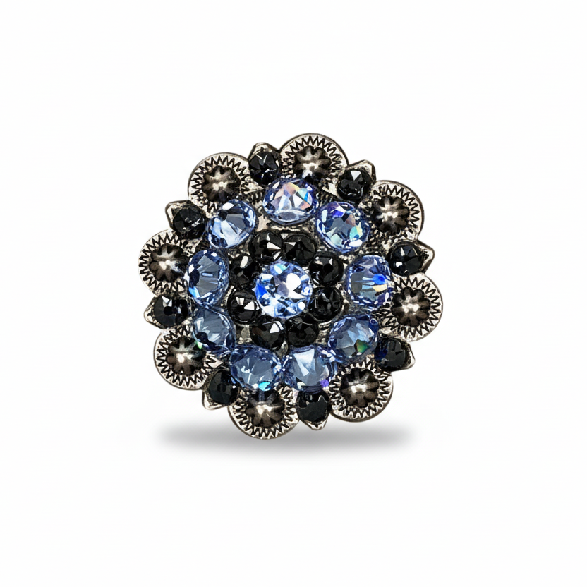 Antique Silver Light Sapphire - Jet Crystal Conchos | Sizes 1"- 3" | Buckles | Saddle Set | Leather Rosettes | Slide — view 2