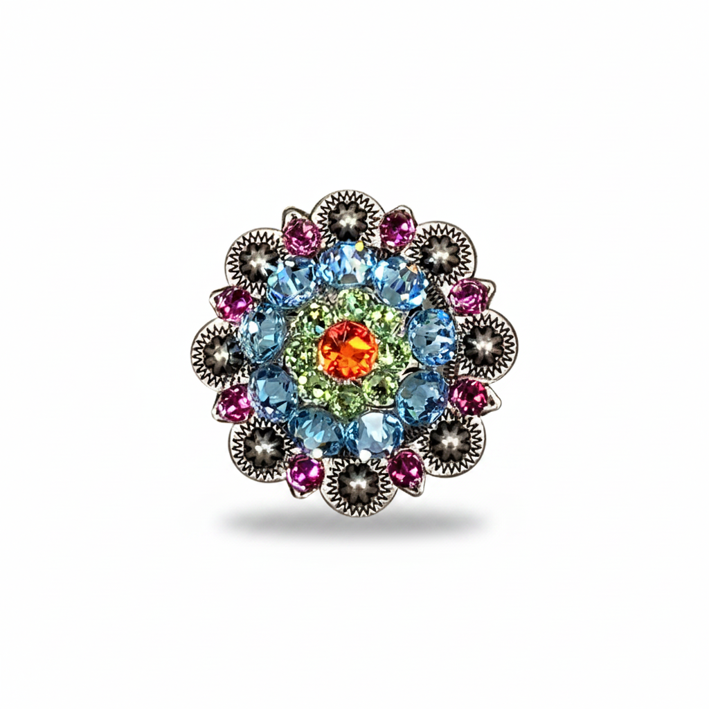 Antique Silver Tie Dye Crystal Conchos | Sizes 1"- 3" | Buckles | Saddle Set | Leather Rosettes | Slide — view 2