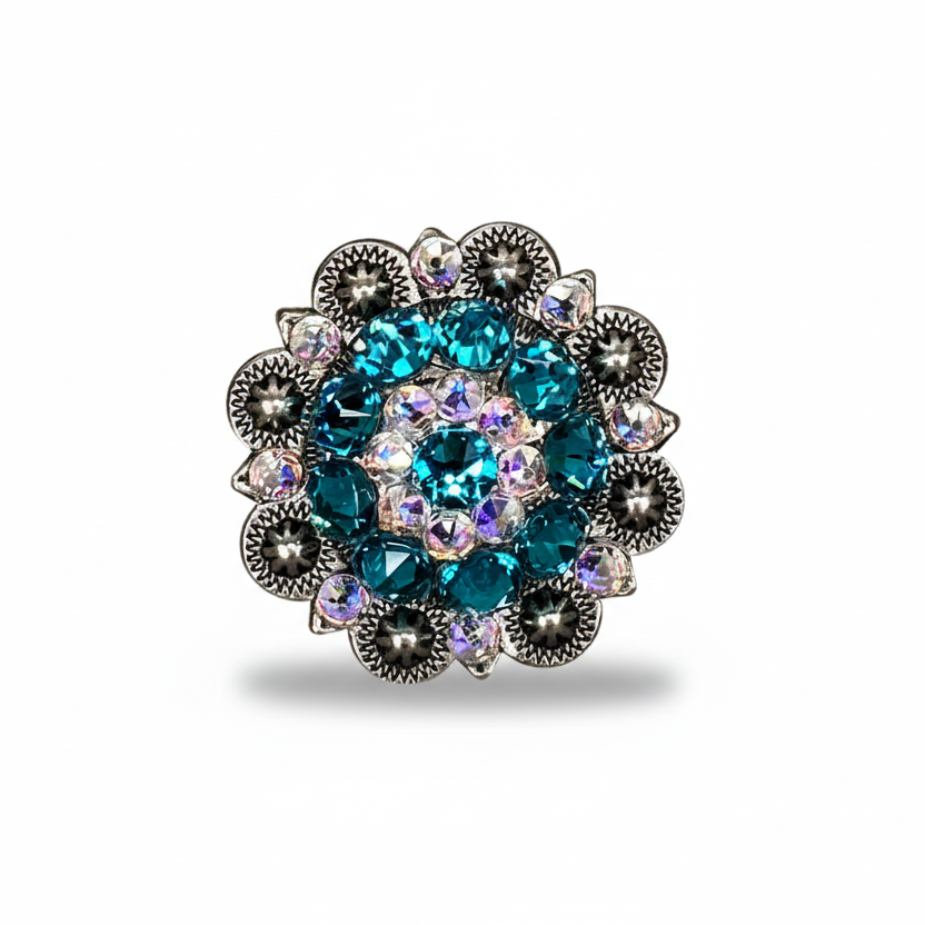 Antique Silver Teal - AB Crystal Conchos | Sizes 1"- 3" | Buckles | Saddle Set | Leather Rosettes | Slide — view 2